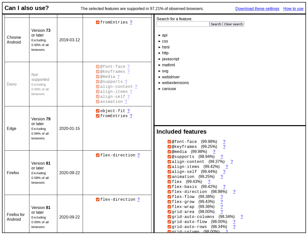 Screenshot of the "Can I also use" tool. The screen is divided into segments: the left half shows a list of browsers, versions, and features requiring that version. On the right is a tree of features along with a search box, and a list of selected features.