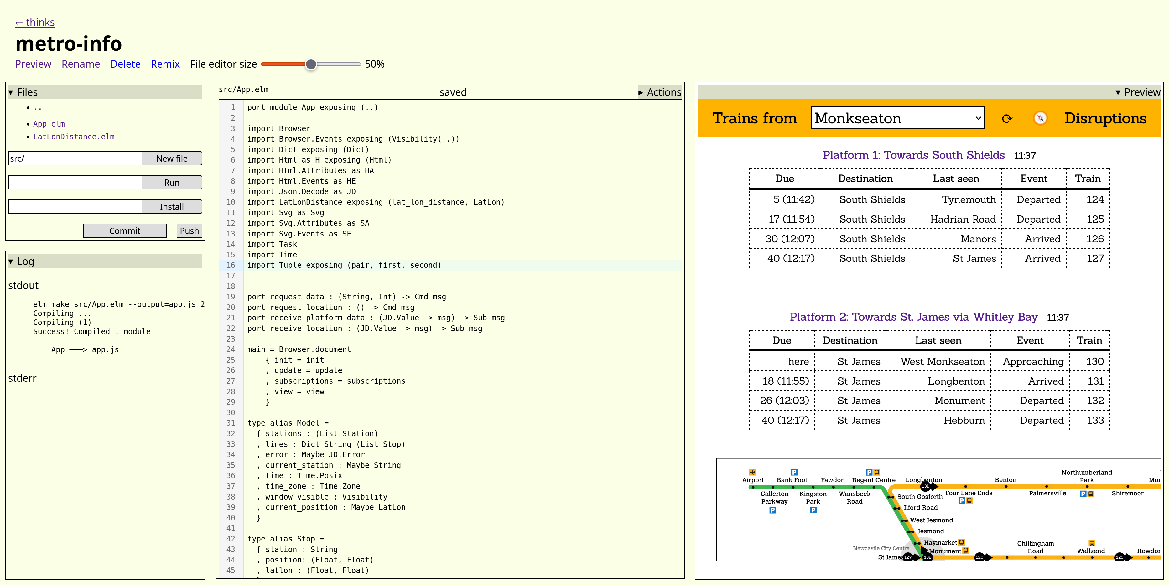 The editor interface. The title, "metro-info", at the top, and some links to preview, rename, delete or remix it. Then a three-column interface with a file tree and logs, a code editor, and a live preview.